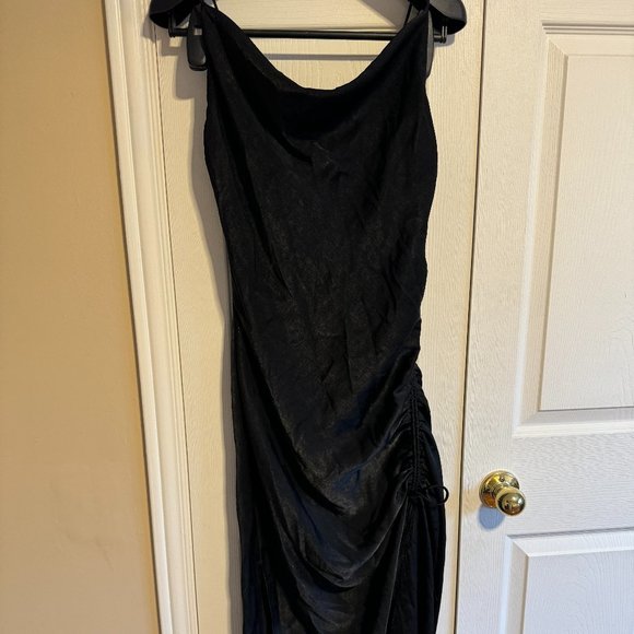 Zara Black Satin Midi dress with ruching and slit, size M - Picture 1 of 5